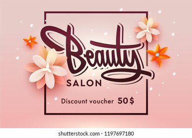 Logo Beauty Salon Lettering. Custom handmade calligraphy, vector discount voucher for beauty salon.
