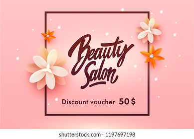 Logo Beauty Salon Lettering. Custom handmade calligraphy, vector discount voucher for beauty salon.

