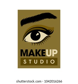 Logo for beauty studio or ophthalmology clinic. The eye of a woman with long eyelashes and beautiful eyebrows. Shades of gold and bronze. Vector logotype.