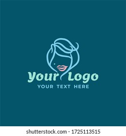 Logo Beauty woman template for spa,cosmetic brand, salon, make up artist, and many more. in blue and turquoise color with woman head illustration concept.