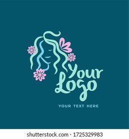 Logo Beauty woman template for spa,cosmetic brand, salon, make up artist, and many more. in blue and turquoise color with woman head illustration concept.