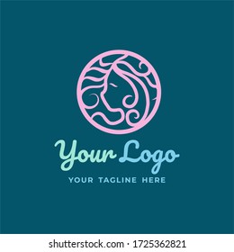 Logo Beauty woman template for spa,cosmetic brand, salon, make up artist, and many more. in blue and turquoise color with woman head illustration concept.