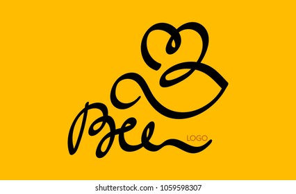 Logo with a bee, linear simple logo with an inscription by hand. Manual drawing of a bee.