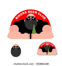 Logo Biker beer Club. Bearded brutal biker. Powerful man in leather jacket.
