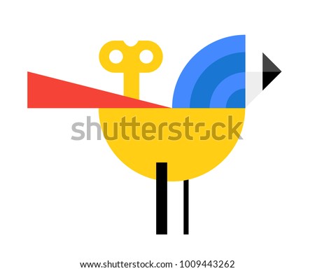 Logo of a bird in a cartoon style. Vector flat icon. The character of a clockwork bird is isolated on a white background. Style Suprematism, minimalism, constructivism, Russian avant-garde.
