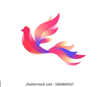 Logo of a bird. A fabulous bird. Vector image in a flat style on a white background. Pink birdie symbol of the company. Brand name, emblem for the store. Cosmetics, yoga studio. Feathered creature.