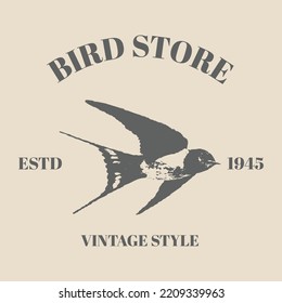 Logo Bird Flight Wings Feathers Figure Swallow Retro Vintage Engraved Illustration. Flock Of Swallows Sketch Engraving Vector Illustration. T-shirt Apparel Print Design. Template Design