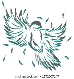 logo bird, hand-drawn. Vector illustration in retro style on a white background. Tattoo tit in flight.