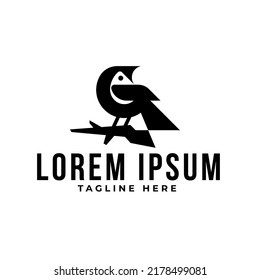logo bird perched on a branch premium vector. Black bird logo