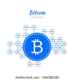 Logo of bitcoin cryptocurrency with representation of blockchain in the background. Digital money. Financial symbol. Bitcoin concept. Flat graphics.