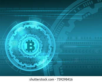 Logo of Bitcoin digital currency on blue background , futuristic digital money and technology worldwide network concept. Vector illustration. 