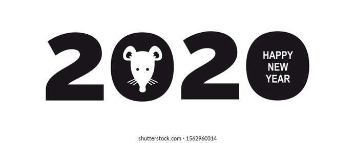 Logo black 2020 happy new year, christmas. Vector flat illustration with a silhouette image of a mouse face. The white rat is the talisman of the eastern calendar. Emblem chinese new year