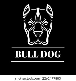 Logo. Black background. White line bull dog.