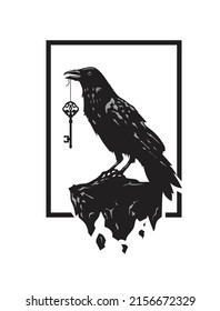 A logo black raven carries the key in the beak Isolated on a white background, vector illustration