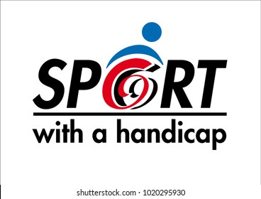 Logo In Black, Red And Blue Colors For Sport With A Handicap With The Pictogram Of A Man In A Wheelchair Instead Of The Letter O Of The Word SPORT.