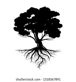 Logo of a black tree with roots and leaves. Vector illustration icon isolated on white background.