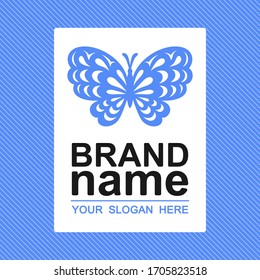 Logo blue butterfly. Modern sign, stylish icon, logotype template for womens clothing store, cosmetics, gifts shop, perfumes, jewelry, beauty salon, hairdresser, cute kids club.  Vector illustration.