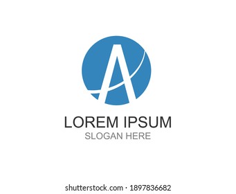 The logo is a blue circle with the alphabet A and a line curving upwards
