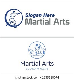 Logo blue circle people man in position to fight an enemy with fists and two man fighting symbol martial arts line vector suitable for sports training education coaching judo karate