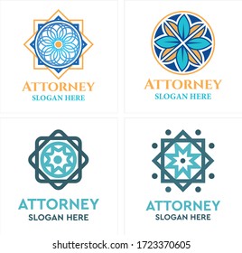 Logo with blue orange circle square shape leaf flower star and people line vector geometric flower design suitable for attorney law lawyer business protection agency community