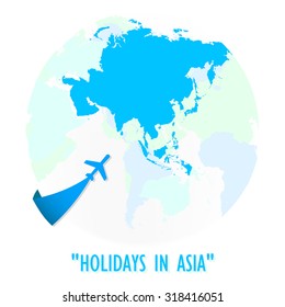 The logo of blue shade world map and full Asian boundary with go to asia plane icon direction.(EPS10 Art vector)