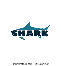 Logo blue shark vector design template. Typograpy text - shark. Area pacific ocean on white background. Modern fish icon for t-shirt print
