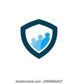 Logo with Blue Shield and Simply Abstract Icon People for Sign Symbol	