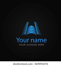 Logo of a blue skyscraper. Construction. Vector