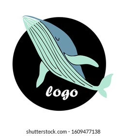 logo blue whale or humpback whale on a black round background with a place for inscription. Environment protection. Vector hand-drawn stock illustration. Logo on a white background, stylized whale