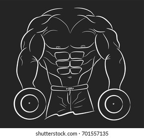 Logo of bodybuilding, emblem of gym, man musculature, bodybuilder with dumbbells, logo of sports nutrition, sign of fitness, powerlifting. Hand draw, style lines. Vector body building EPS10