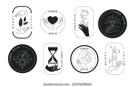 Logo boho set. Collection of graphic elements for website. Minimalistic creativity and art in bohemian style. Mysticism and esotericism. Cartoon flat vector illustrations isolated on white background