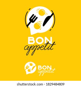 Das Logo des Bön-Appetits. Logo für ein Café oder Restaurant. Textil-, Gabel-, Messer-, Rühreier auf gelbem Hintergrund.