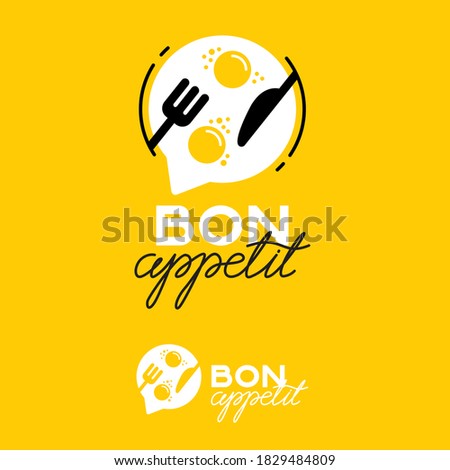 The Logo Of Bon Appetit. Logo for a cafe or restaurant. Cloud for text, fork, knife, scrambled eggs on a yellow background.