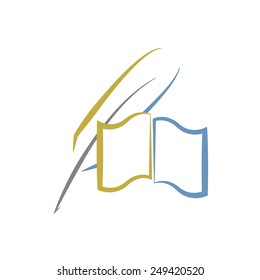 logo book and quill pen poesy school, reading university education library emblem mockup, university knowledge symbol 