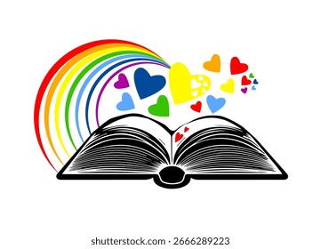 Logo libro y arco iris . Regreso a la escuela. La alegría de la Educación. dibujado a mano. IA no, Ilustración vectorial.
