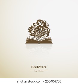 Logo bookstore. Ornate opened book icon