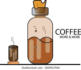 the logo of a bottle and a cup of brown coffee