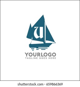 Logo for boutique hotel, ocean view resort, logo design, boat vector illustration. Letter U