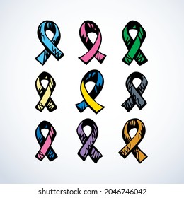 Logo bow life survival man patient care therapy isolated on white paper. Abstract red color global social concern against abuse concept. Hand drawn issue pin emblem insignia in graphic vector style