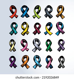 Logo bow loop survival man patient care therapy isolated on white paper. Abstract red color global social concern against abuse concept. Hand drawn issue pin emblem insignia in graphic vector style