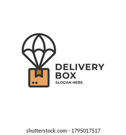 Logo with box and parachute element. Delivery or pakage design template. Vector illustration