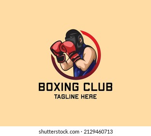 logo of a boxer wearing a black headgear and red boxing gloves and a blue shirt and muscles.