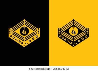 Logo for a boxing with two gloves and ring on different background.