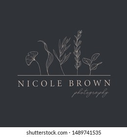 Logo with branches and flowers on a thin line. Hand drawn vector illustrations. Perfect for labels, badges, logo, branding.