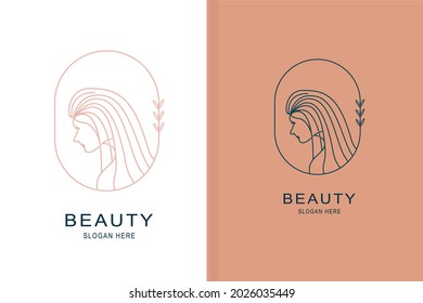 logotipo y plantilla de diseño de marca en estilo minimalista lineal de moda, emblema para estudio de belleza y cosméticos de cuidado de la piel - retrato de mujer, hermosa cara de mujer - placa para maquillador, moda.