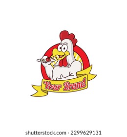 The logo or brand is intended for businesses in the specialty processed chicken food sector. The logo looks cute with the icon of a chicken holding a plate of rice