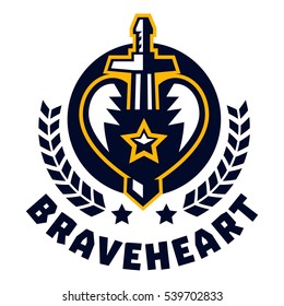 Logo brave heart. The sword piercing the heart, surrounded by a wreath. Logo on the sword, war, medieval weapons. Vector illustration. Flat style. 