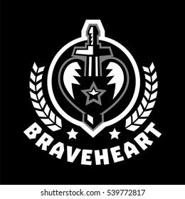 Logo brave heart. The sword piercing the heart, surrounded by a wreath. Black and white color sticker. The emblem on the Middle Ages and the war. Vector illustration. Flat style.