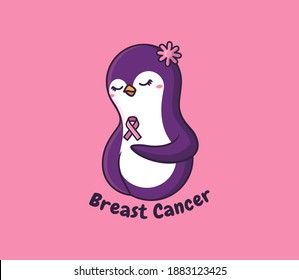 The logo is for Breast Cancer Awareness Day. The cartoonish penguin-girl is holding a pink ribbon. This emblemwith text is a vector Illustration