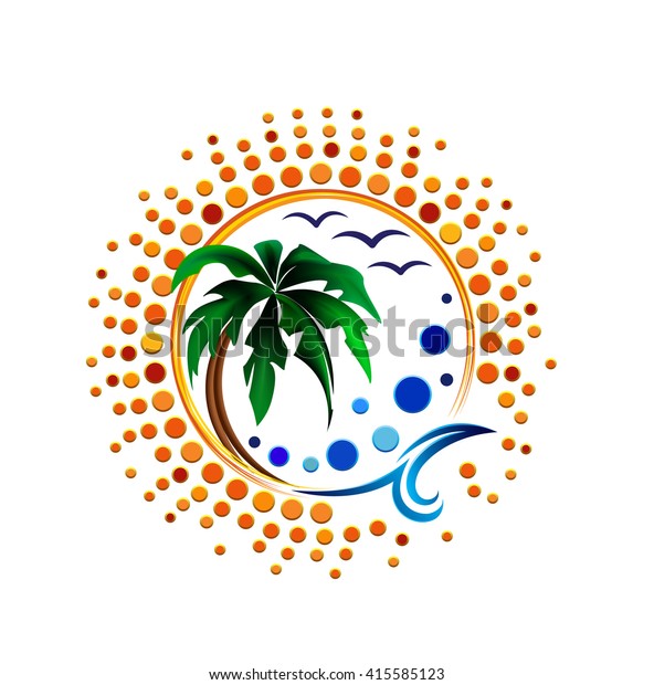 logo with bright green palm tree on sunshine\
background  with smart sea\
wave